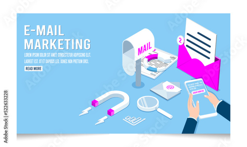 3D isometric E-mail marketing concept with email inbox electronic communication, marketing research, e-mailing notification. Vector illustration eps10
