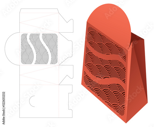 Stenciled Japanese pattern box die cut template and 3D mockup