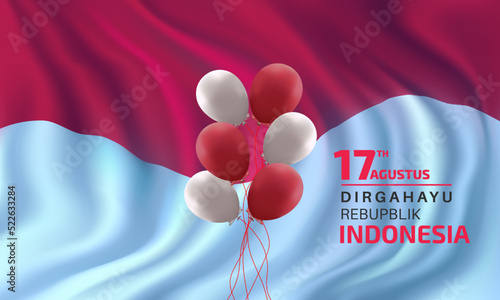 Wavy red and white flag background decorated with realistic balloons. Suitable for the background of the 17 August celebration of Indonesia independence day. 
