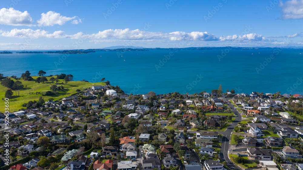 Aerial View from the Beach, Green Trees, City Streets and Waves - Tahuna Torea, Bucklands Beach View in New Zealand - Auckland Area