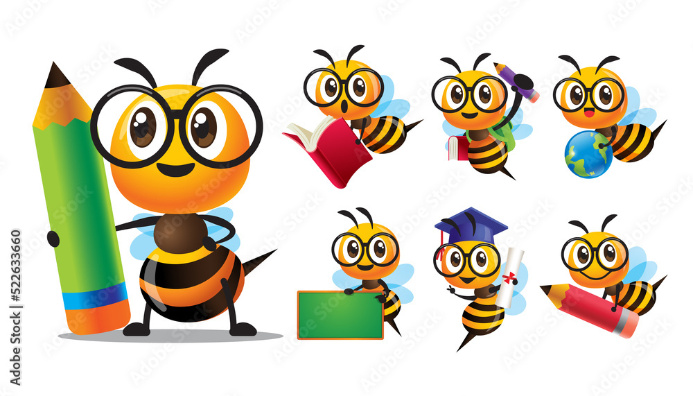 Cartoon cute bee character with glasses back to school series with different poses. Cute Bee holding pencil, holding book, carry blackboard and globe. Bee mascot set illustration - obrazy, fototapety, plakaty 