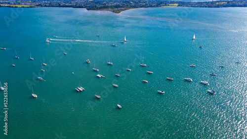 Fototapeta Naklejka Na Ścianę i Meble -  Aerial View from the Beach, Green Trees, City Streets and Waves - Tahuna Torea, Bucklands Beach View in New Zealand - Auckland Area