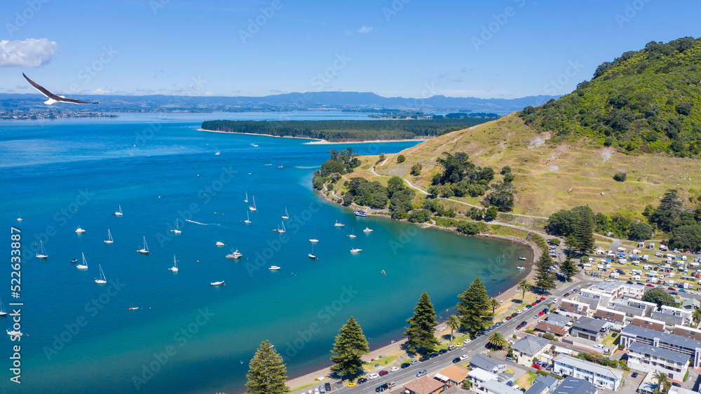 Aerial View from Houses close to the Beach, Green Trees, Mountain, Mount Maunganui, Boats in Tauranga, New Zealand - Bay of Plenty