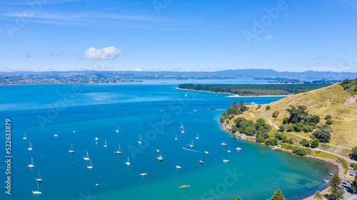 Aerial View from Houses close to the Beach, Green Trees, Mountain, Mount Maunganui, Boats in Tauranga, New Zealand - Bay of Plenty