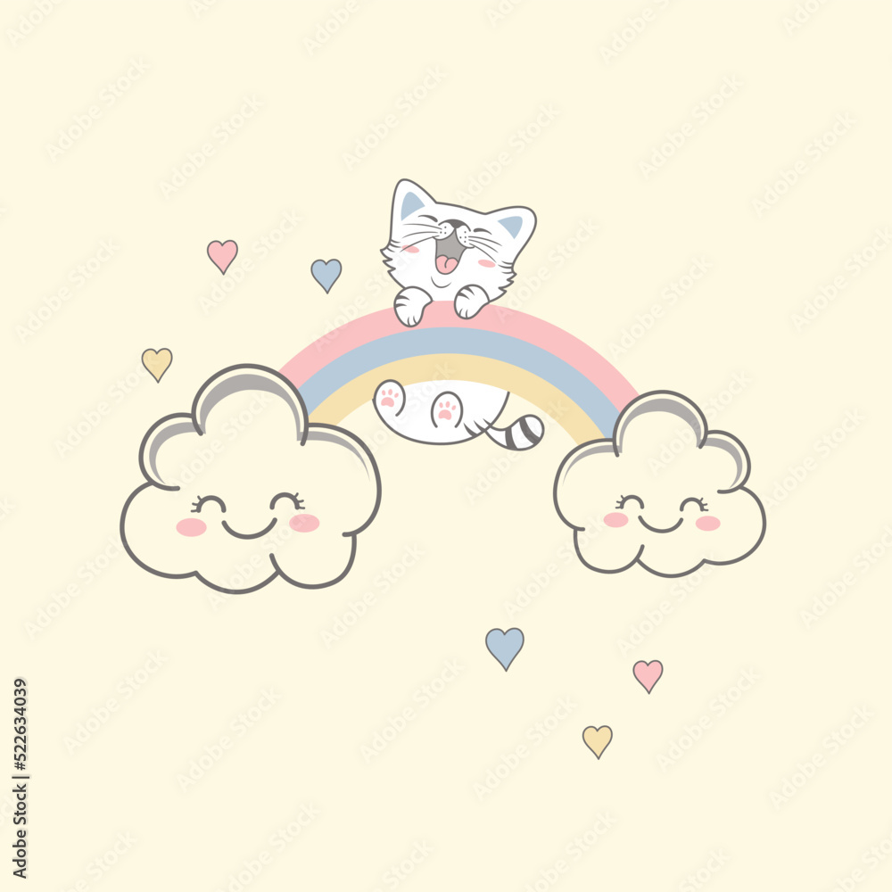 Vector illustration of happy cute cat playing in the cloud