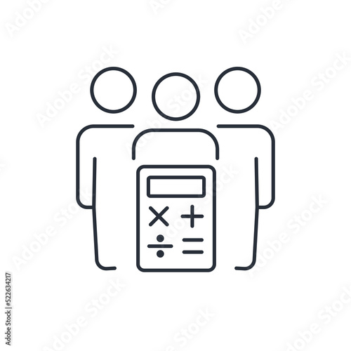 Group of businessmen and calculator. Financial reconciliation. Mutual settlements. Vector linear icon isolated on white background.