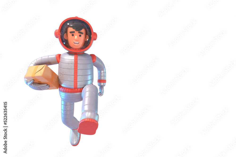 3d render of cheerful astronaut in space suit holding package box. Delivery service concept 3d render of cheerful astronaut in space suit holding package box. Delivery service concept