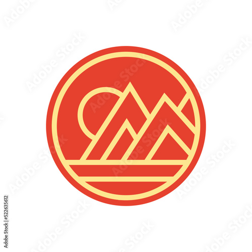 Abstract red Sunset beach mountain logo badge design. Template Vector illustration. Logo Sign Design Icon
