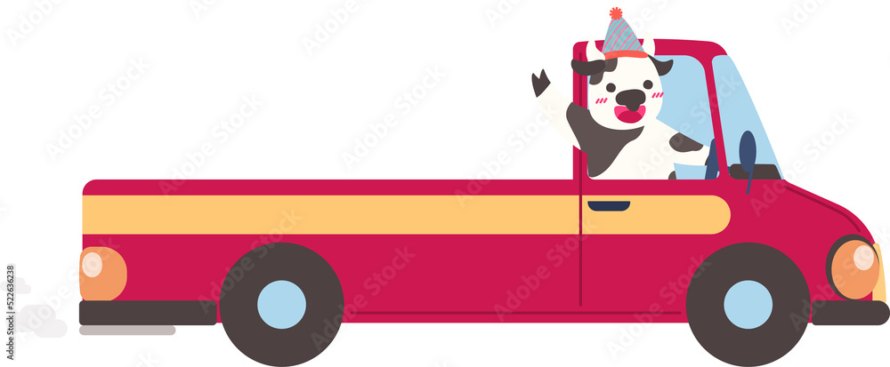 Cow Waving Hand in Car Illustration
