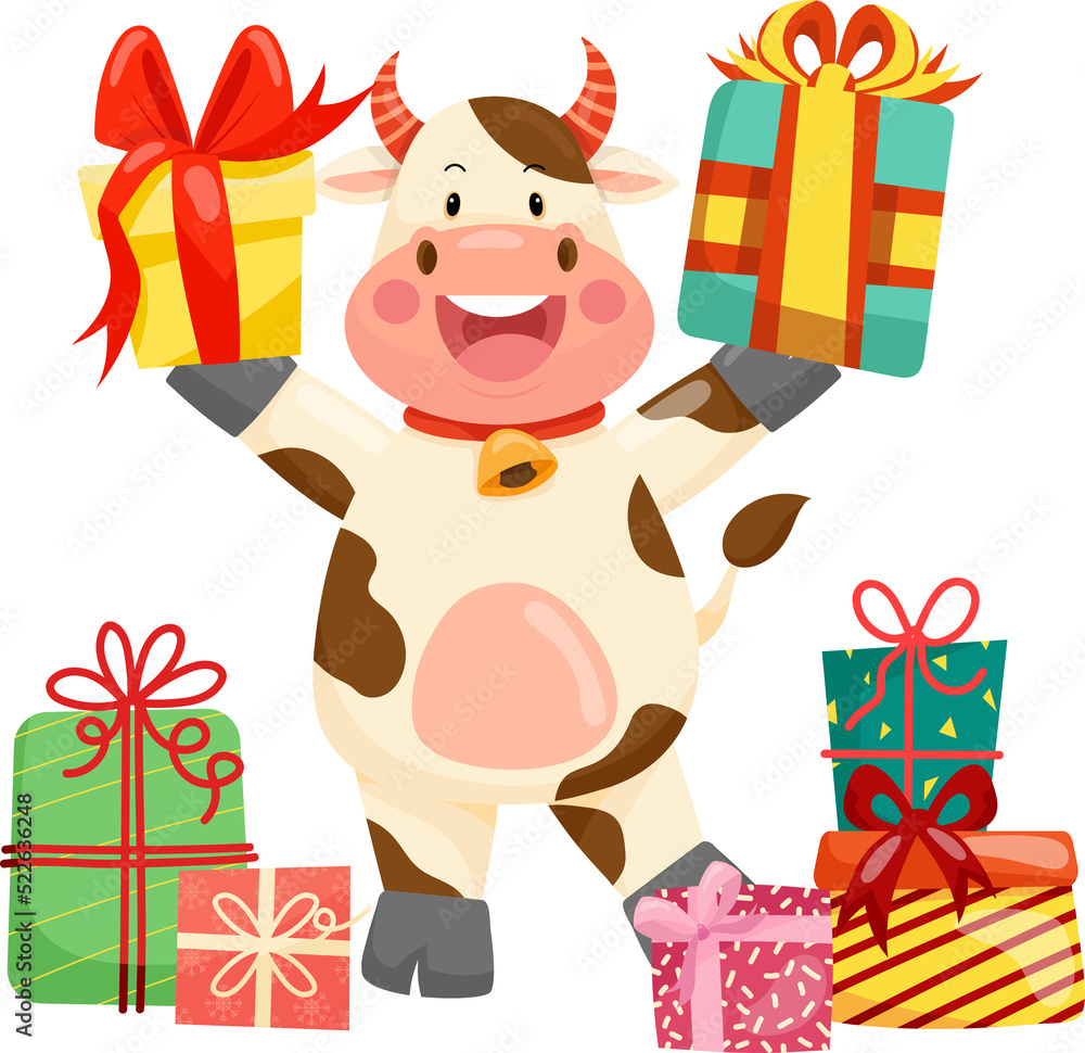 Naklejka premium Cow with Gift Box Illustration