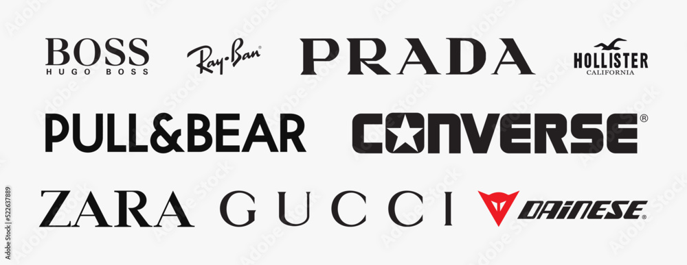 Popular fashion brand logo: Converse, Prada, Ray-Ban, Hugo Boss, Dainese,  Zara, Gucci, Pull & Bear, Hollister. Editorial vector logo collection.  Stock Vector | Adobe Stock