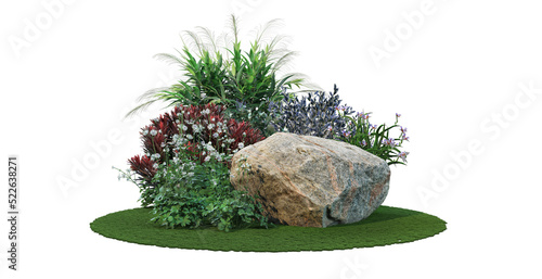Garden with shrubs and stones on a transparent background.