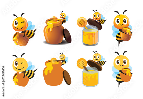 Flat design and 3D style cartoon cute bee mascot set. Cartoon cute bee with honey pot set. Cute bee carries honey pot and organic honey bottle. Vector character mascot set