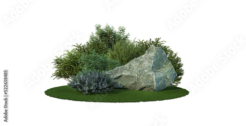 Garden with shrubs and stones on a transparent background.