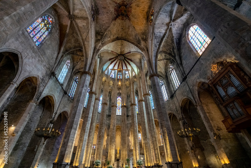The gothic interior of the Basilica of Santa Maria del Mar church in the Ribera district near the Gothic Quarter of Barcelona, Spain. 