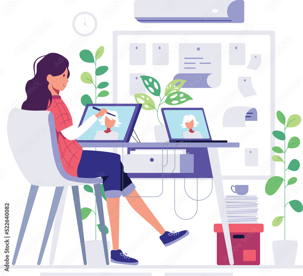 Female graphic designer working at home