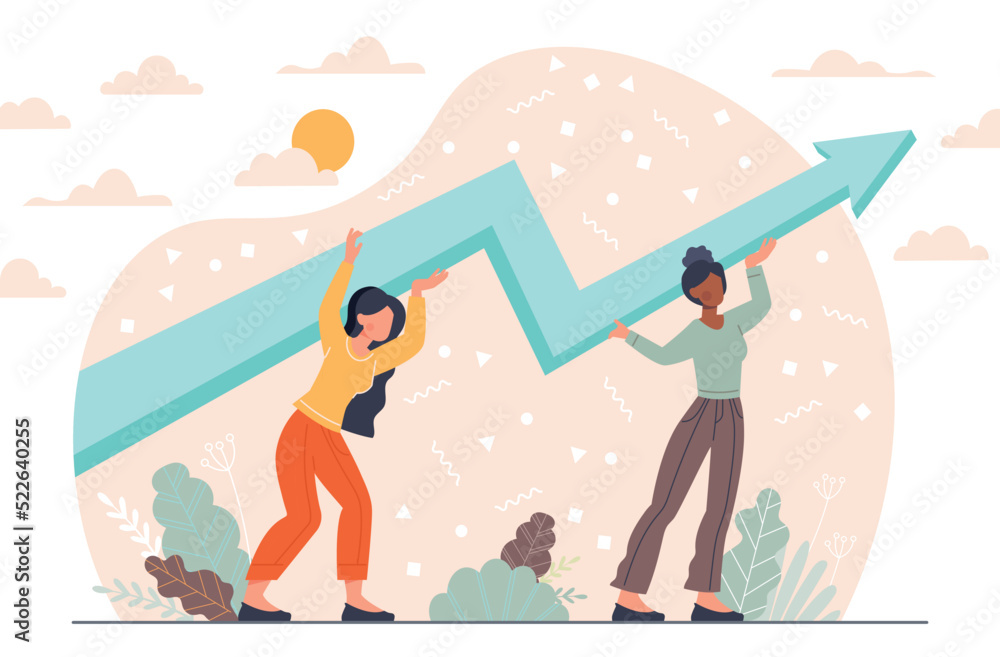 Concept of teamwork. Women raise graph or chart. Employees improve company profits. Partnership, colleagues and coworkers, work process. Growth and development. Cartoon flat vector illustration