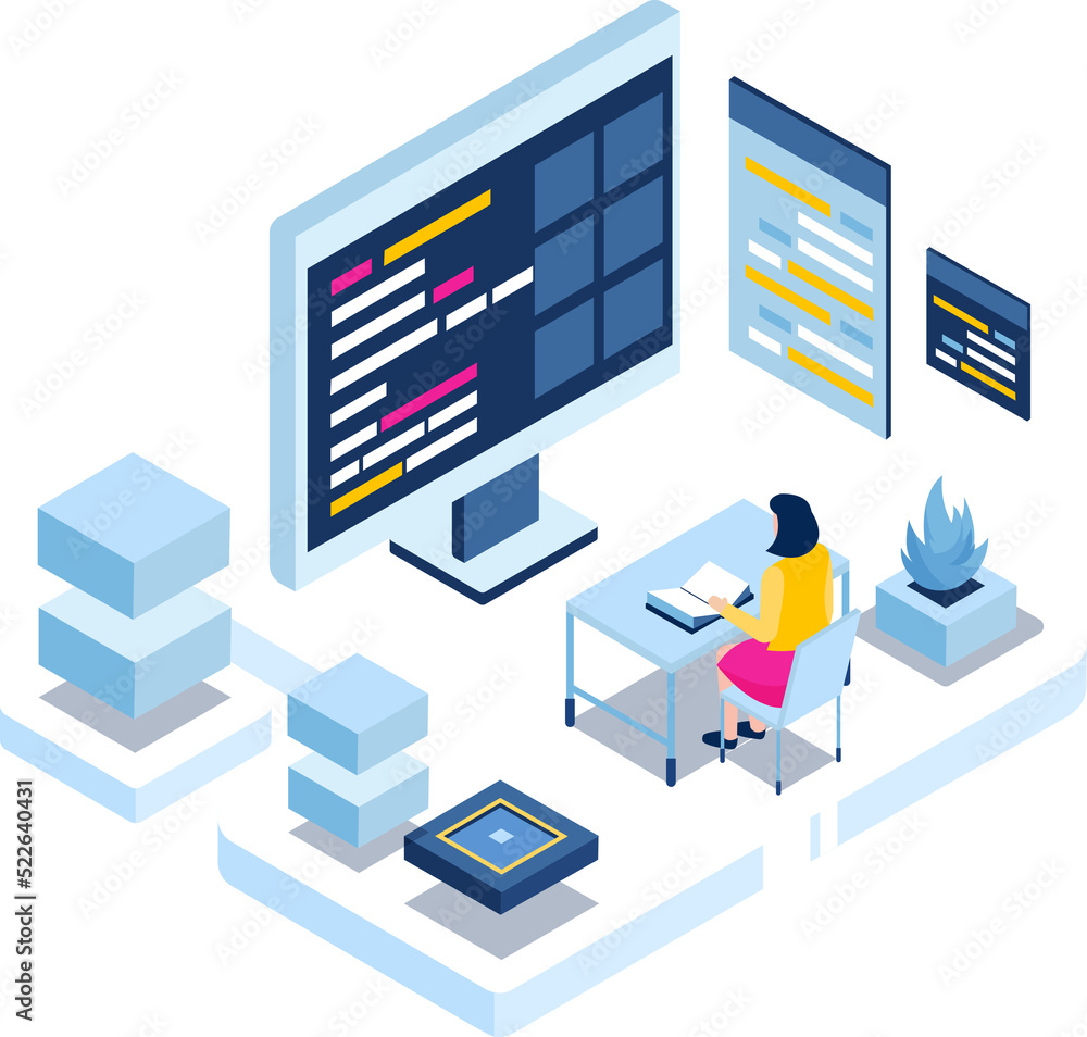 Authorities working in data center room isometric Authorities working in data center room isometric