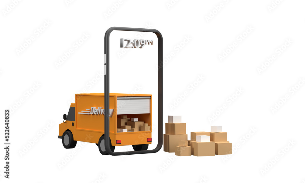 3D. Selling online with mobile phones that is ready to deliver delivery truck The car was full of parcels. 3D. Selling online with mobile phones that is ready to deliver delivery truck The car was full of parcels.