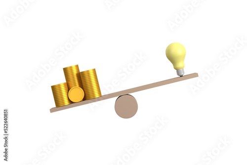 3D. Coin stack compare light bulb idea on wood scale seesaw. Money gold coin compare unbalance with knowledge concept.