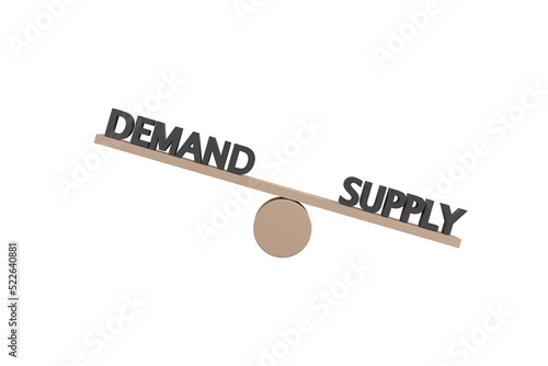 3D. words demand and supply on wooden seesaw unbalancing on white background, business concept,