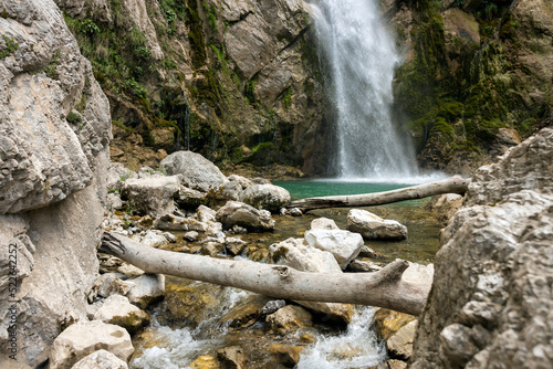 Close up of Waterfall Gregorcic near Vrsno and under the Mount Krn Slovenia photo