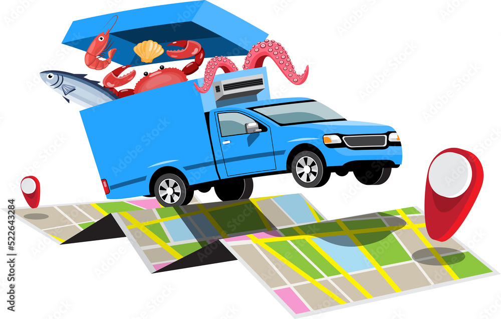 Cartoon seafood transport truck with GPS Cartoon seafood transport truck with GPS