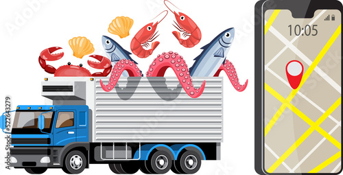 Cartoon seafood transport truck with smartphone