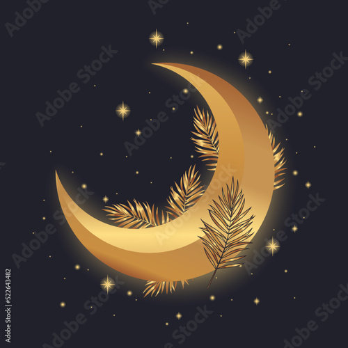 Bohemian crescent with stars and flowers isolated on black background. Alchemy esoteric magic talisman. Mystical symbol.