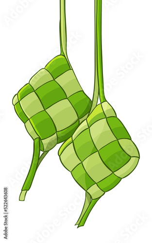 Hanging Green Ketupat in Solid Green Background. Ketupat is an Element of Ramadan and Eid Celebration in Indonesia and Malaysia