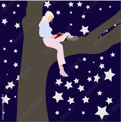 woman with blonde hair sitting on a tree at night reading a book.