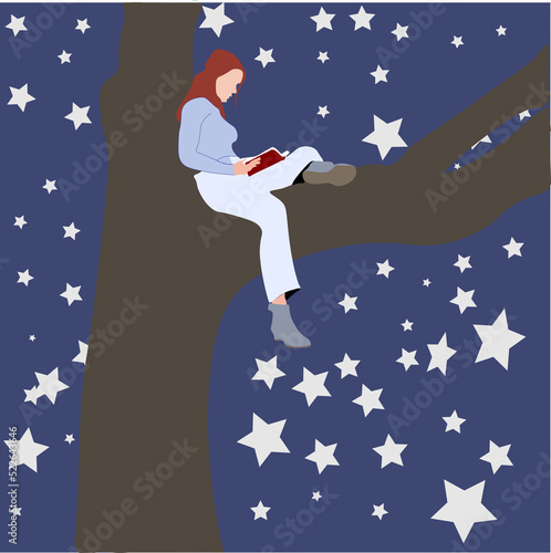 woman with red hair sitting on a tree at night reading a book Dark blue