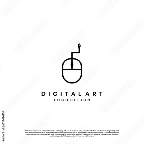 digital art logo, digital writer logo. mouse with pen logo design minimalist concept