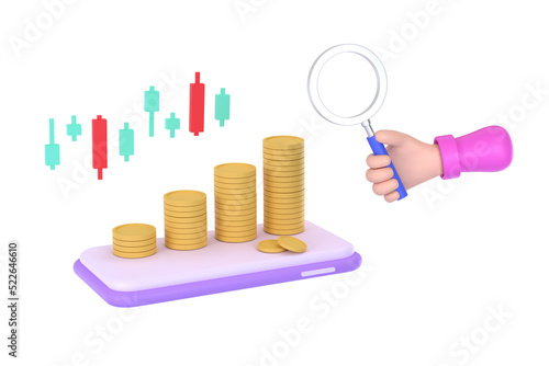 3D. hand holding magnifying glass and coins, graph on a mobile phone concept of financial management