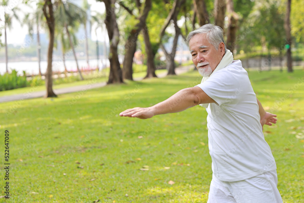 Asian senior man practice yoga excercise, tai chi tranining, stretching and meditation together with relaxation for healthy in park outdoor after retirement. Happy elderly outdoor lifestyle concept Asian senior man practice yoga excercise, tai chi tranining, stretching and meditation together with relaxation for healthy in park outdoor after retirement. Happy elderly outdoor lifestyle concept