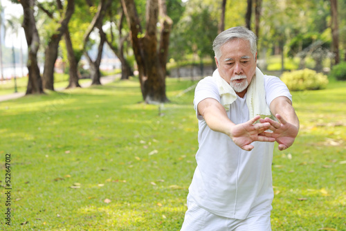 Asian senior man practice yoga excercise, tai chi tranining, stretching and meditation together with relaxation for healthy in park outdoor after retirement. Happy elderly outdoor lifestyle concept