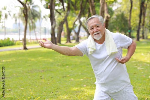 Asian senior man practice yoga excercise  tai chi tranining  stretching and meditation together with relaxation for healthy in park outdoor after retirement. Happy elderly outdoor lifestyle concept