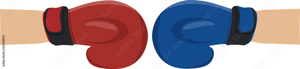 Boxing gloves fight icon, red vs blue. Battle emblem cartoon vector illustration. Boxing gloves Red and Blue hitting together. Boxing day shopping creative sale idea. Boxing gloves fight icon, red vs blue. Battle emblem cartoon vector illustration. Boxing gloves Red and Blue hitting together. Boxing day shopping creative sale idea.