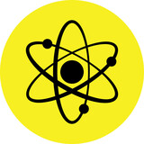 Atom icon in flat design. molecular sign on yellow background. Atom science orbit outline symbol. Orbiting atoms.