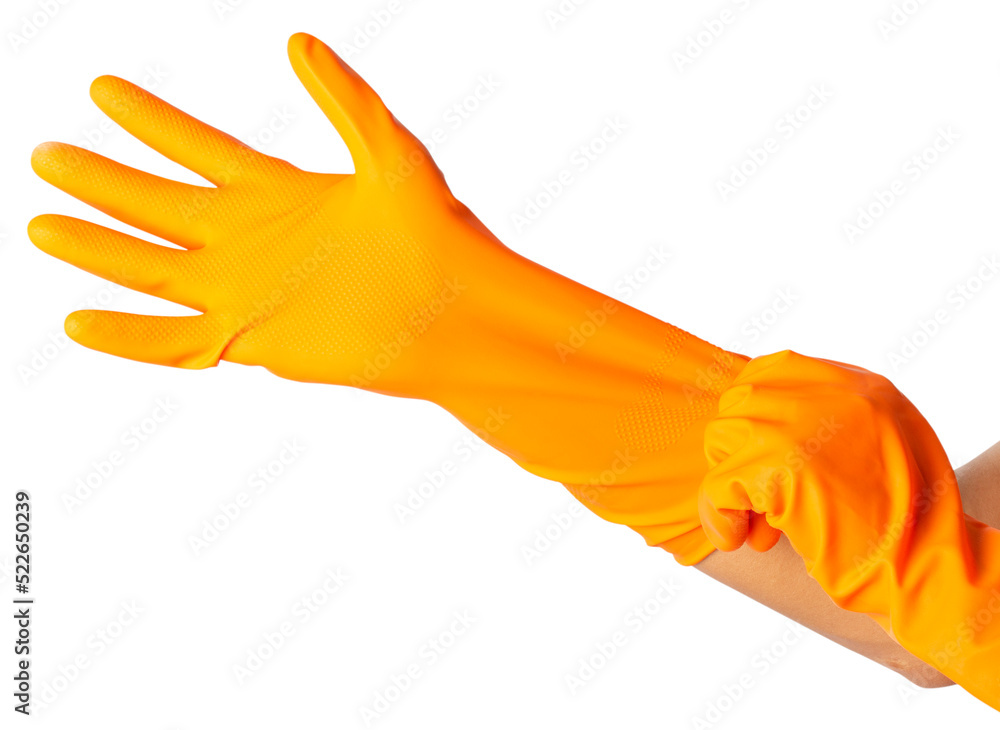 Human hand is wearing a protective rubber glove. Human hand is wearing a protective rubber glove.