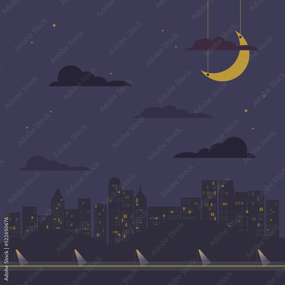 Naklejka premium City panorama with silhouettes of houses and skyscrapers with lights in the windows, blue night sky and clouds, moon and stars, road with lanterns. Flat style vector illustration