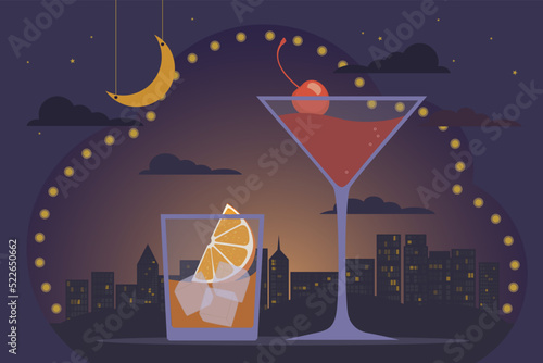 Friday night, cocktail party concept. Alcoholic cocktails old fashioned and manhattan, backdrop of night big city, lights, skyscrapers and sky. Relax in the bar, festive atmosphere