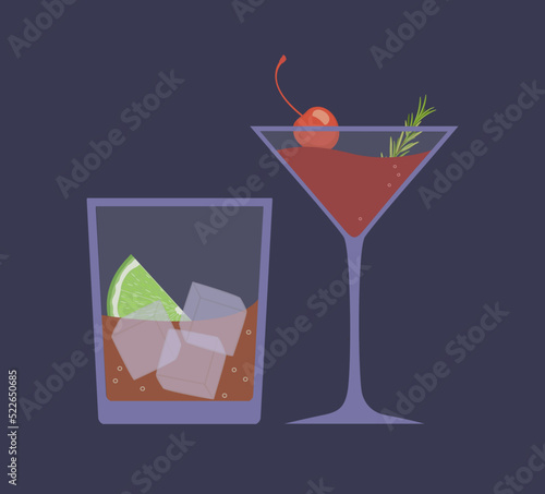 Alcoholic cocktails: manhattan with maraschino and rosemary and rum cola with lime and ice in flat style on purple background, vector illustration