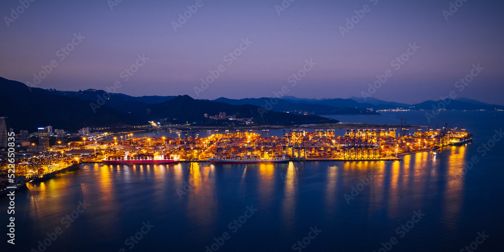 Aerial view of container terminal at night