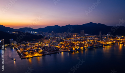 Aerial view of container terminal at night