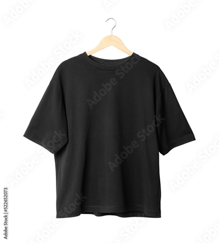 Black oversize T shirt mockup hanging, Png file.