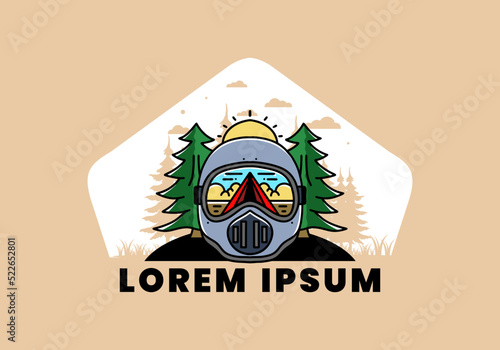 a trail helmet with a pine tree beside