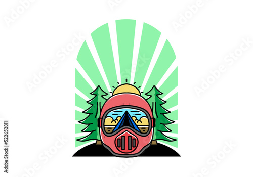 a trail helmet with a pine tree beside