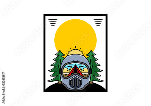 a trail helmet with a pine tree beside