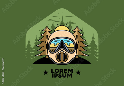 a trail helmet with a pine tree beside